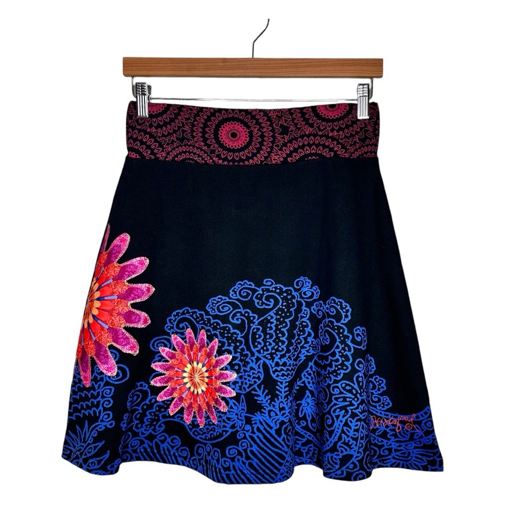 Y2K Desigual Retro Skirt Size Small Floral Patchwork Applique Black Pink Blue - Picture 9 of 9